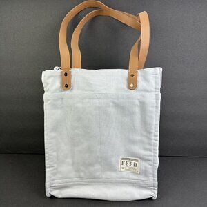 Feed Tote Bag Canvas Glacier Grey Tan Leather Gold Hardware Handbag No Closure
